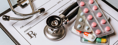 Medical concept with stethoscope, pills, notepad, pen on the doctor desktopの写真素材