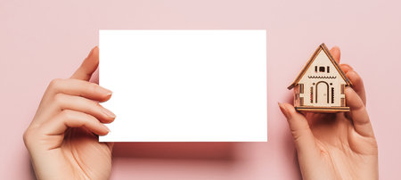 Hand holds house miniature model with blank background on a pink background. Investment, real estate, home, housingの写真素材