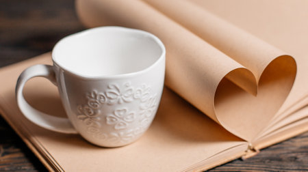 Heart made from book sheets with a cup, love and valentine concept on a wooden tableの写真素材