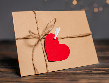 Love letter with a heart on a background of lights, love and valentine concept on a wooden tableの写真素材