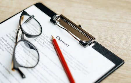 A contract on a wooden work table with glasses and a red pencil. The documents are ready for signing. Business concept. Collaboration agreement.の写真素材