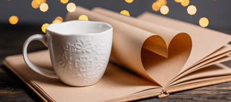 Heart made from book sheets with a cup, love and valentine concept on a wooden tableの写真素材