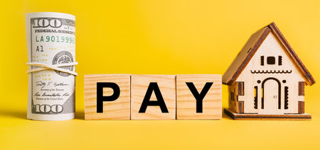 PAY with house miniature model and money on a yellow background. Investment, real estate, home, housing, earnings, financial conceptの写真素材