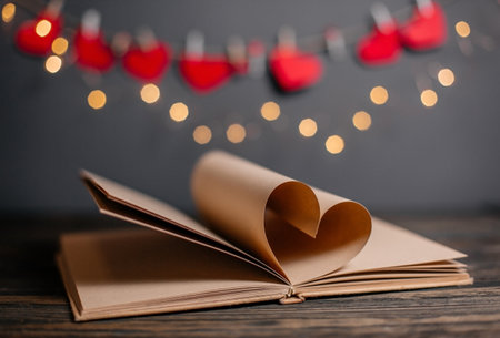 Heart made from book sheets in lights, love and valentine concept on a wooden tableの写真素材