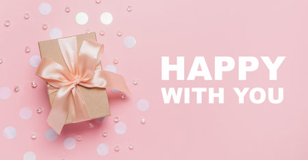 Gifts on pink background, love and valentine concept with text happy with youの写真素材