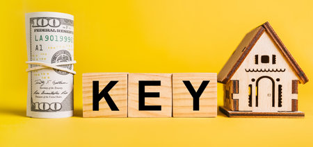 key with house miniature model and money on a yellow background. Investment, real estate, home, housing, earnings, financial conceptの写真素材
