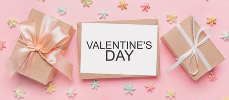 Gifts with note letter on isolated pink background with sweets, love and valentine concept with text Valentines Dayの写真素材