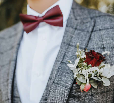 Groom in a suit with a wedding flower boutonniere and a red bow tie in natureの写真素材