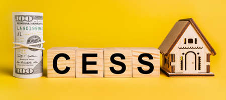 cess with house miniature model and money on a yellow background. The concept of business, finance, credit, tax , real estate, home, housingの写真素材