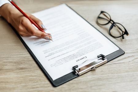 Young girl office worker or business lady signs documents. Concentrated businesswoman working with papers. Business conceptの写真素材