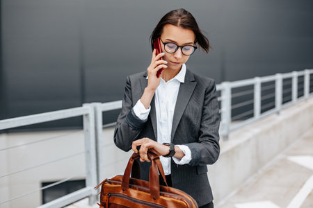 A business woman checks the time in the city during a working day waiting for a meeting. Discipline and timing. An employee goes towards a corporate meeting.の写真素材