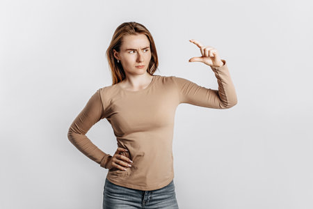 Young beautiful girl frowns and shows small size measure with her hand gesture on a white isolated background. A woman points to an idea, a place for advertising. Negative brunette in a beige jumper.の写真素材