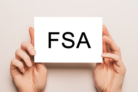 Female hands hold card paper with text FSA on a yellow background. Business and finance conceptの写真素材