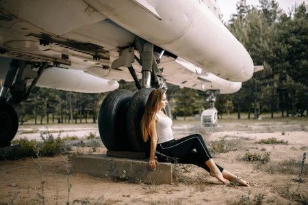 beautiful young brunette girl stands on the background of old military aircraft. Girl in a white shirt and black pants in nature. Military equipment. Portrait half-length. girl posingの写真素材