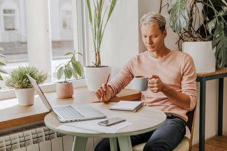 Man works in the workplace with documents and and drinks coffee in an eco cafe with plantsの写真素材