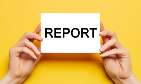 Female hands hold card paper with text REPORT on a yellow background. Business and finance conceptの写真素材