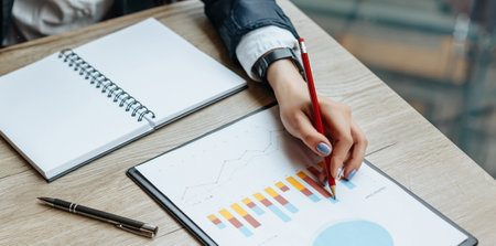 Business woman checks charts and refreshes financial progress. The girl analyzes the business model in the workplace.の写真素材