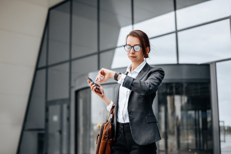 A business woman checks the time in the city during a working day waiting for a meeting. Discipline and timing. An employee goes towards a corporate meeting.の写真素材