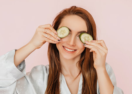 Girl make homemade face beauty masks. Cucumbers for the freshness of the skin around the eyes. Woman take care of youthful skin. Model laughing and having fun in spa on pink backgroundの写真素材
