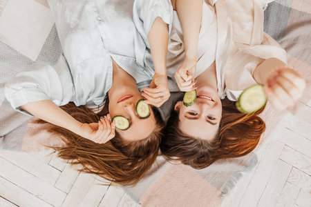 Two girls make homemade face and hair beauty masks. Cucumbers for the freshness of the skin around the eyes. Women take care of youthful skin. Girlfriends laugh at home lying on the floor on pillows.の写真素材