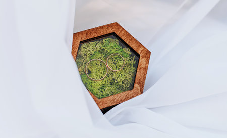 Two wedding rings in a wooden box with a moss plant on a white background with veil