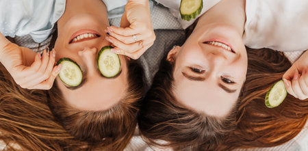 Two girls make homemade face and hair beauty masks. Cucumbers for the freshness of the skin around the eyes. Women take care of youthful skin. Girlfriends laugh at home lying on the floor on pillows.の写真素材