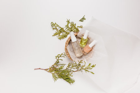 Organic cosmetics with plant. Flat lay, top view clear glass pump bottle, brush jar, moisturizing serum jar in a paper basket on a white background. Natural cosmetics SPAの写真素材