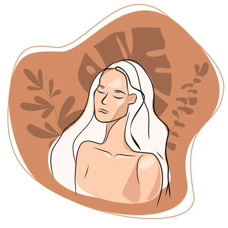 Abstract minimalistic linear sketch of a female portrait. Hand drawn abstract woman with plant leaves for print. Beauty, youth, nature, ecology. Use for social net stories, logos, poster illustrationsのイラスト素材