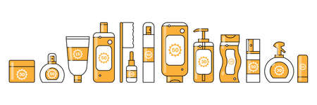 Vector graphic of sunscreen cosmetic with spf orange color icon collection. Skin care products for body, hair and faceのイラスト素材