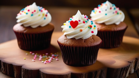 Classic chocolate cupcakes with buttercream and heart decoration. Festive dessert in a cafe. Birthday, valentine's day and holiday concept.の素材