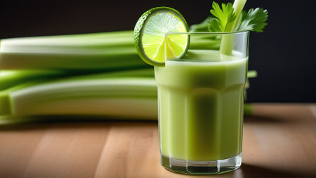 A delicious green healthy smoothie decorated with lime stands in the kitchen at home against the background of a celery plant. Juice from vegetables and fruits for healthy well-beiの素材