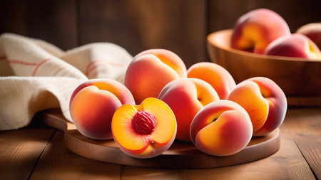 Lots of fresh peaches on a wooden table. Kitchen with fruitの素材