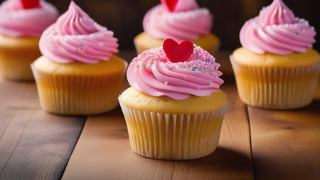 Adorable classic holiday cupcakes with red hearts and pink frosting. Colored sweets as a gift for Valentine's Day. Delicious desserts in a restaurantの素材