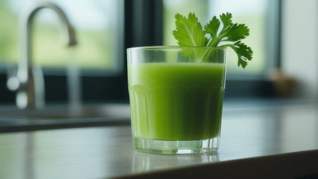 Fresh green healthy smoothie with celery standing in the kitchen at home. Making your own juice from vegetables and fruitsの素材