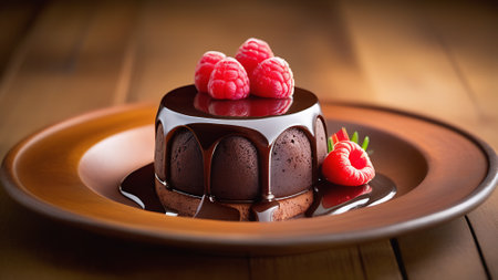 Chocolate fondant with pouring chocolate on a plate in a restaurant served with fresh raspberries.の素材