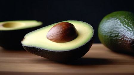 Close-up of half Ð° fresh green avocado on a wooden table on a dark background. Benefit for health.の素材