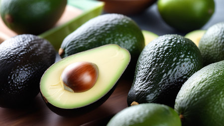 Avocado cut into halves among a large number of avocados on a wooden board in the kitchen. The freshness and deliciousness of fruit creates appetizing associationsの素材