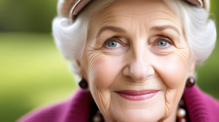 Close-up portrait of a satisfied old lady. Happy female old age and good health of older people. An older woman smiles.の素材