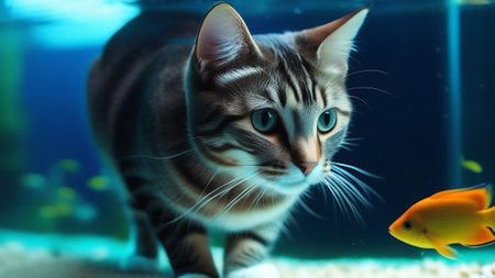 Tabby cat hunts for goldfish in an aquarium. Life of pets. Pet's playful mood at homeの素材