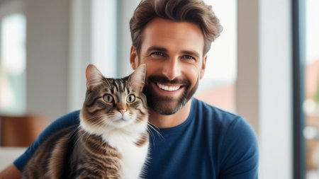 Happy handsome man hugging fluffy domestic cat. The love and care of the owner for his pet. Affection between humans and animals.の素材