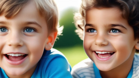 Little happy friends close-up. Two little boys of different nationalities are smiling. Children having fun against the backdrop of blurred nature outside in the warm seasonの素材