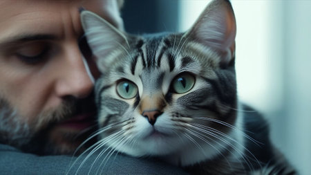 Tabby cat comes face to face with his owner. Feelings of love and affection with your pet. Hugs at home with your domestic mongrel cat.の素材