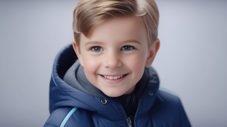 Cute happy child with blond hair in a jacket looks at the camera. Handsome boy smiling on blurred gray background. Childhood, children and happiness conceptの素材
