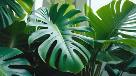 Dark green leaves of monstera in tropical thickets. Split-leaf philodendron (Monstera deliciosa) the tropical foliage plant growing in wild nature. Background with a lot of greenery. High quality photoDark green leaves of monstera in tropical thickets. Split-leaf philodendron (Monstera deliciosa) the tropical foliage plant growing in wild nature. Background with a lot of greeneryの素材