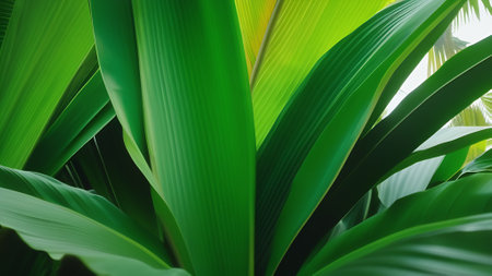 Dense green tropical leaves in garden. Abstract nature background. Exotic plant. Beautiful dark green leaf textureの素材
