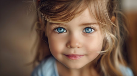 Close-up of a little charming girl with big clear innocent eyes who looks into the cameraの素材