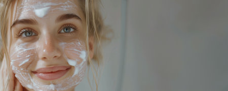 Cute girl with cleansing foam on her face on one side of the banner and copy space on the other. Place for text. Concept of skin care, renewal, hydrationの素材