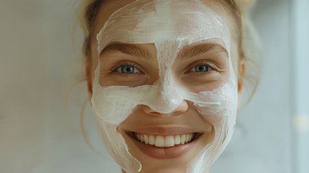 A smiling woman with natural beauty uses a mask to maintain improved facial skin. Skin treatment by a cosmetologist, prescribing procedures for imperfections and skin diseasesの素材