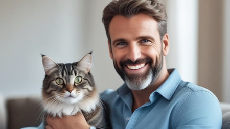 Attractive handsome man together with a fluffy tabby cat close-up in a home interior. The pet and its owner are happy. Loved domestic cat is a family memberの素材