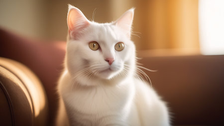 Graceful pet, portrait of a domestic white cat, the embodiment of nobility and tenderness against the backdrop of a cozy interiorの素材